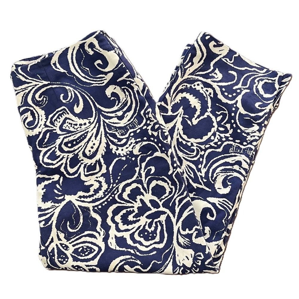 Chicos Womens Crop Pants 0 (S-4)‎ Blue White Floral Mid Rise Side Zip Stretch